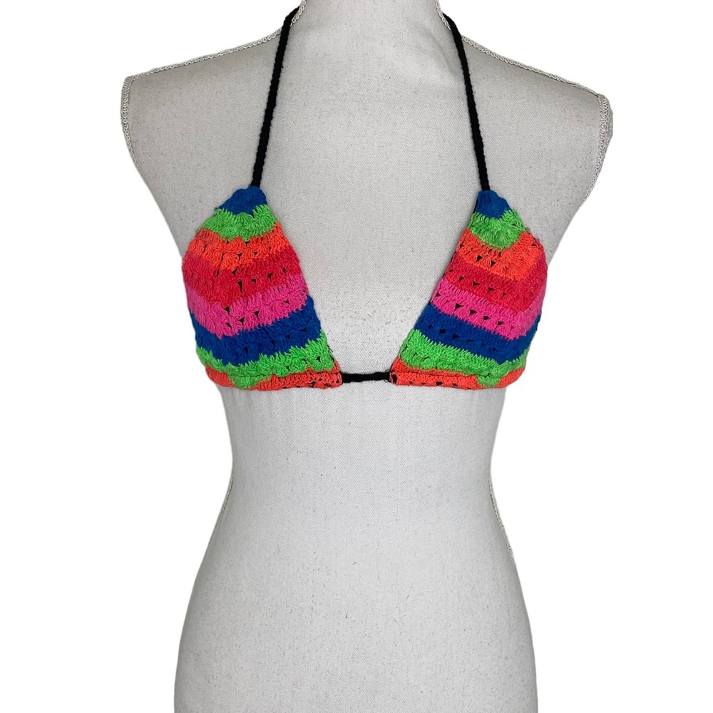 Dolls Kill Club Exx Crochet knit rainbow bikini top wth black lining M - Picture 1 of 11